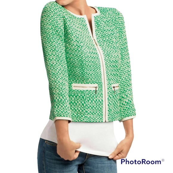 CAbi Jackets & Blazers - CAbi Clover Tweed Jacket Size 6 Green Cream Zip Up Career Blazer Style# 726